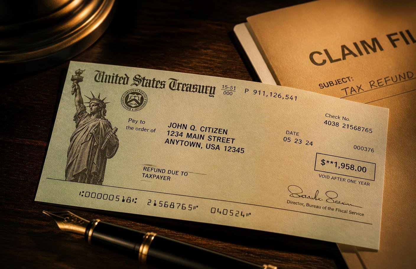 Government refund check being handed to its rightful owner